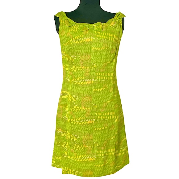 60s Mini Dress Bow Tie Design Lime Green Vintage Minidress Sleeveless Lime Green - Picture 8 of 8